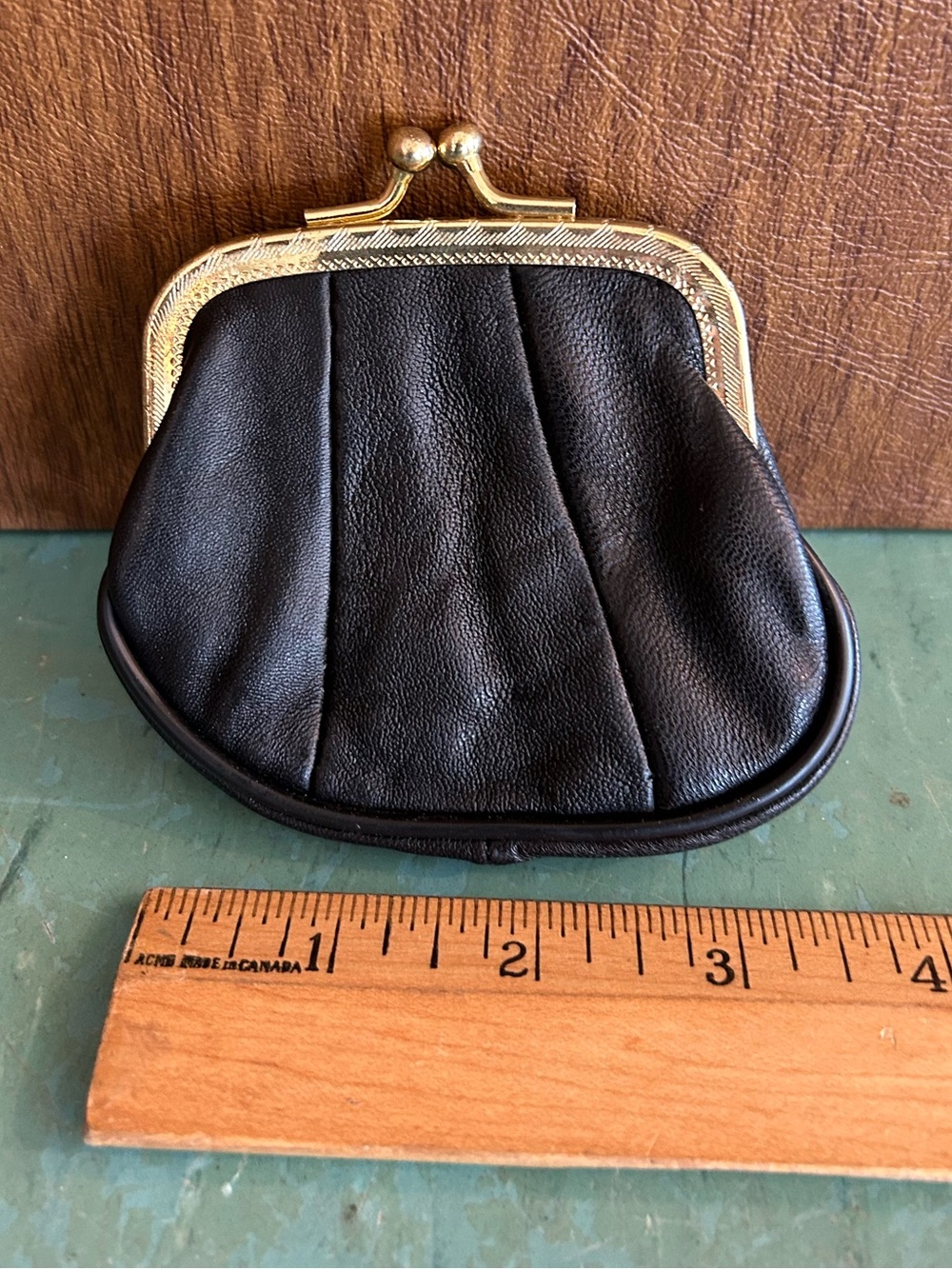Vintage leather coin change purse black gold NOS new old stock